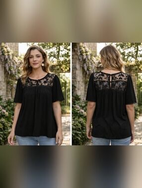 Indigo Rose Black Lace Yoke Blouse 2X Sheer Floral Mesh Boho Flowy Top